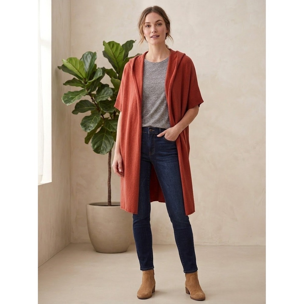 Eileen Fisher Cardigan 2X Silk Cashmere Hooded Open Front Duster Layering Long